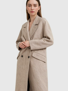 Women's Long Khaki Double-Breasted Coat with Flip Collar
