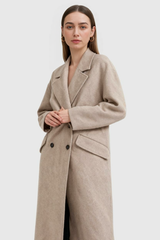 Women's Long Khaki Double-Breasted Coat with Flip Collar