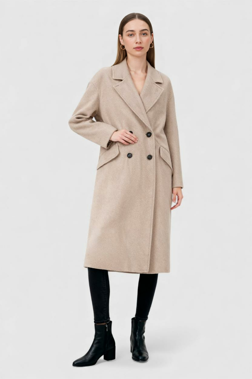 Coat : Women's Long Khaki Double-Breasted Coat with Flip Collar in van Vanda Liamo
