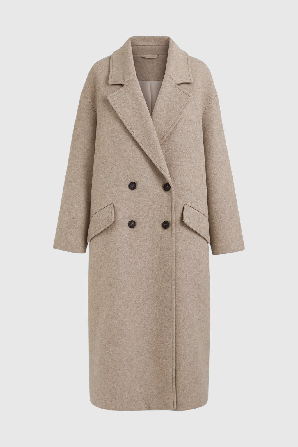 Coat : Women's Long Khaki Double-Breasted Coat with Flip Collar in Khaki van Vanda Liamo
