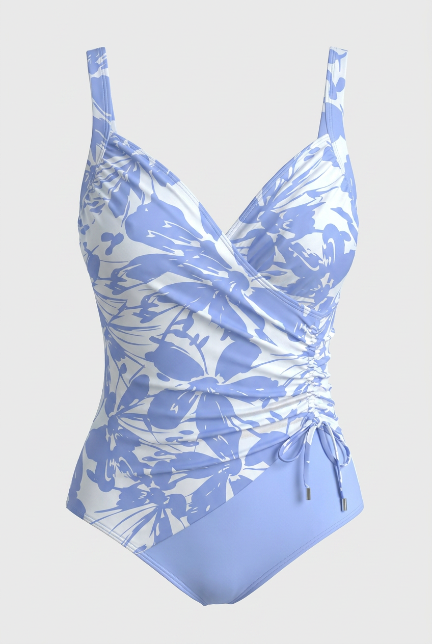 Swimwear : Light Blue Floral One-Piece Swimsuit – Ethereal Periwinkle Print in Light Blue van Vandaliamo