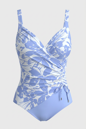 Swimwear : Light Blue Floral One-Piece Swimsuit - Ethereal Periwinkle Print in Light Blue van Vandaliamo
