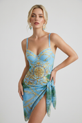 One-Piece Swimsuit for Women - Light Blue Patterned Skirted Beachwear
