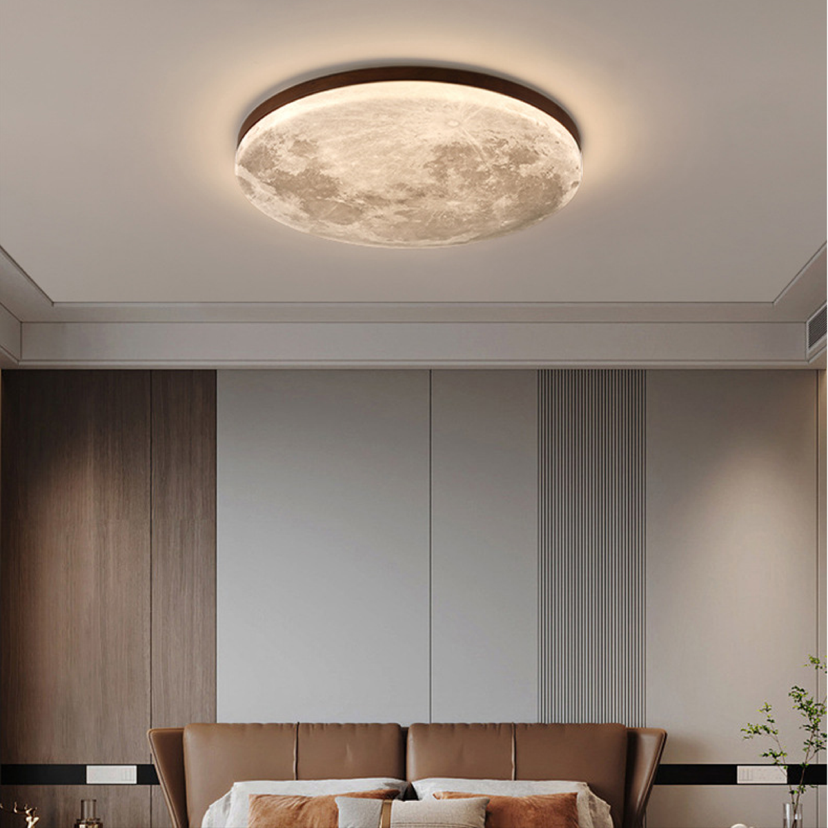 Modern Moon Ceiling Light – 3D Lunar Design with Wood Frame