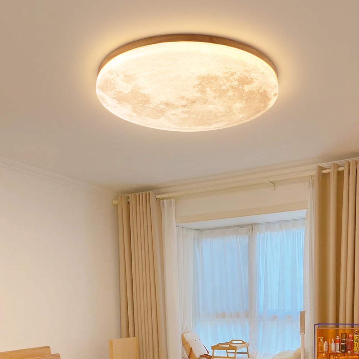 Modern Moon Ceiling Light – 3D Lunar Design with Wood Frame