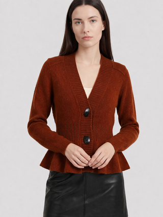 Women's Slim-Fit Brown V-Neck Knit Cardigan Sweater