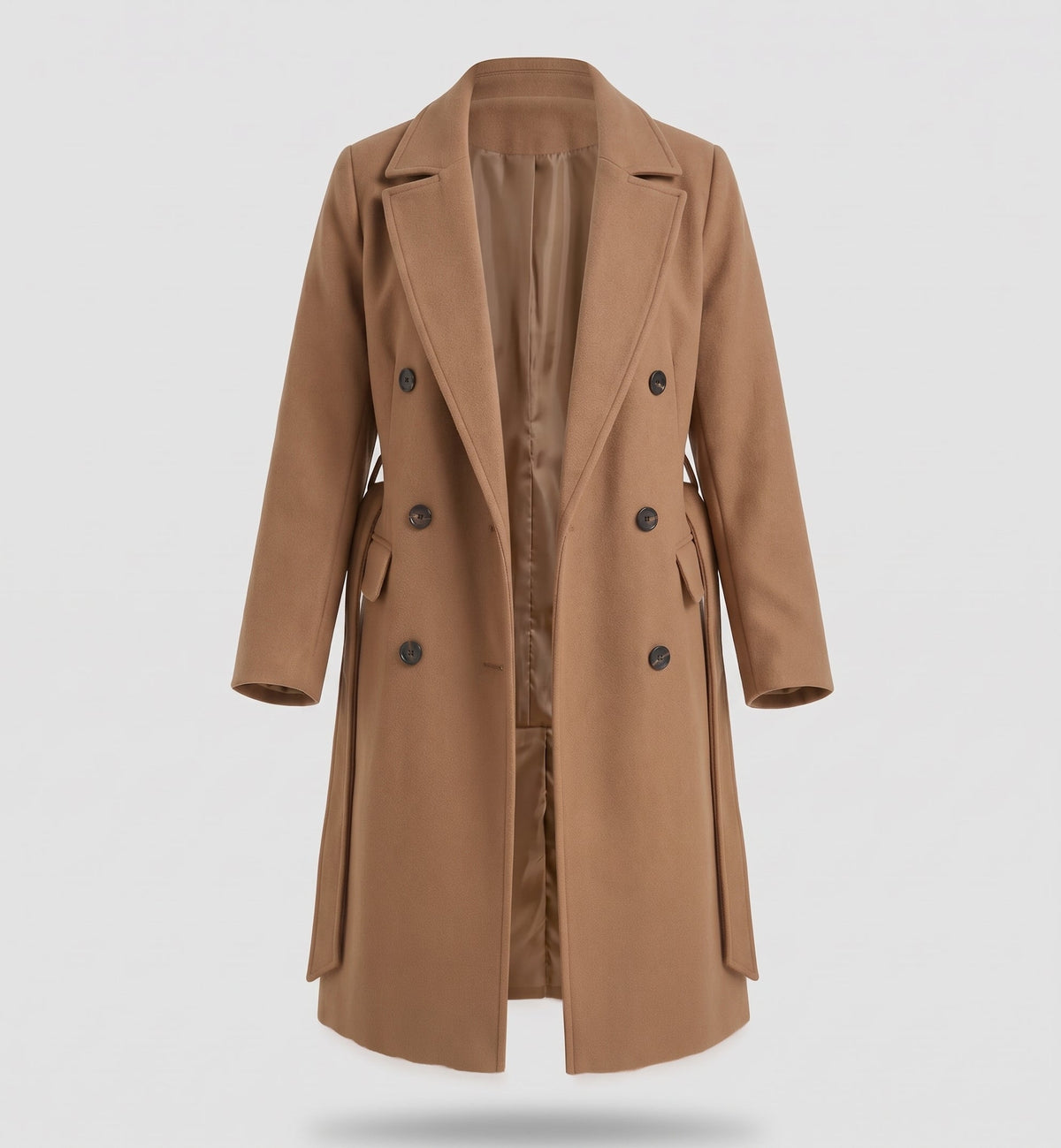 Fashion : Women's Double-Breasted Long Coat with Lapel Collar in Brown van Vanda Liamo