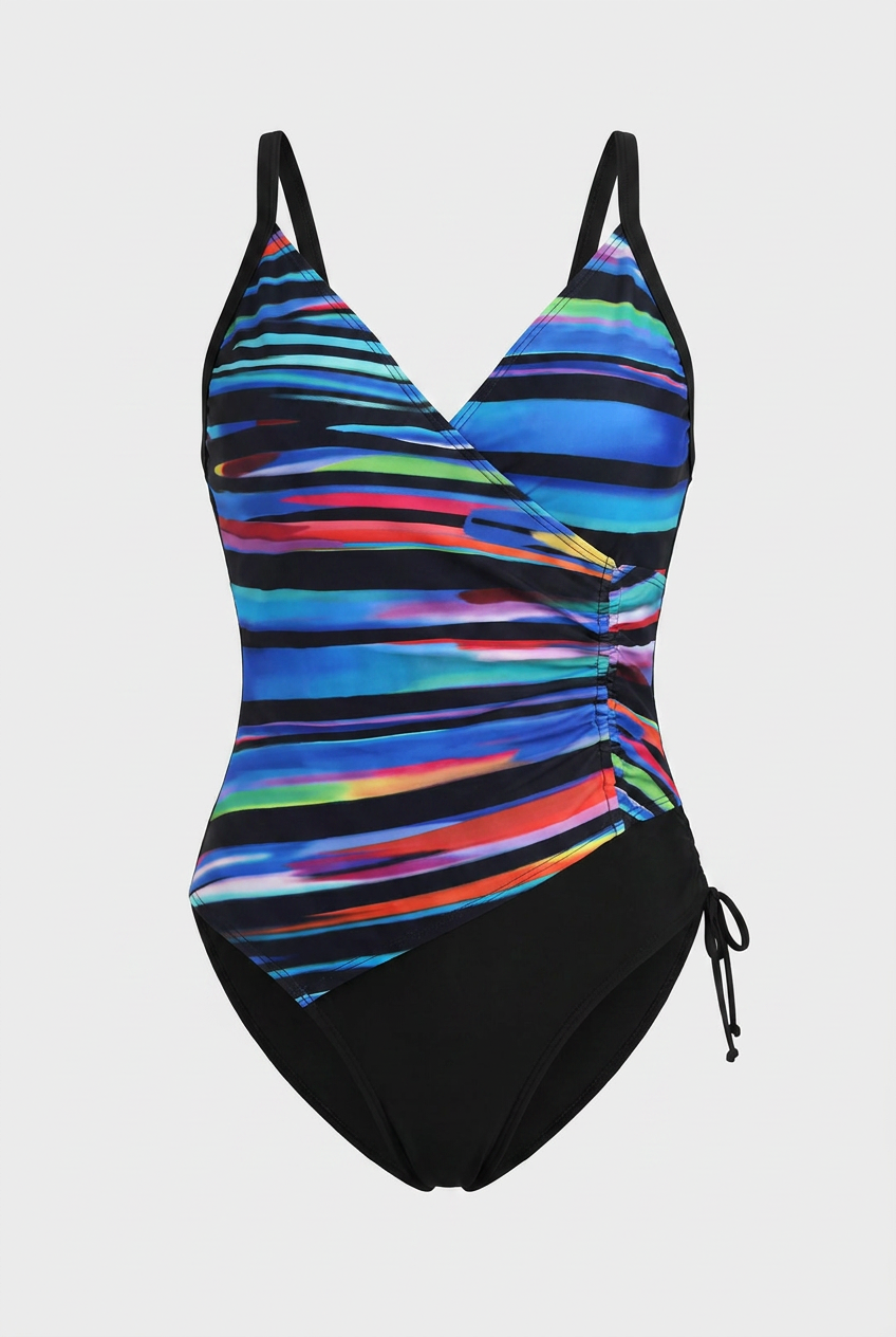 Swimwear : Midnight Aurora Wrap One-Piece – Vibrant Multicolored High-Contrast Swimsuit in Black van Vandaliamo