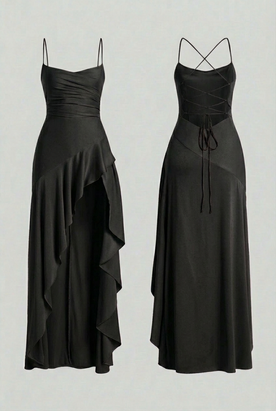 Maxi Dresses : Women's Black Lace-Up Back Maxi Dress - Elegant Formal Evening Gown in Black van Vanda Liamo