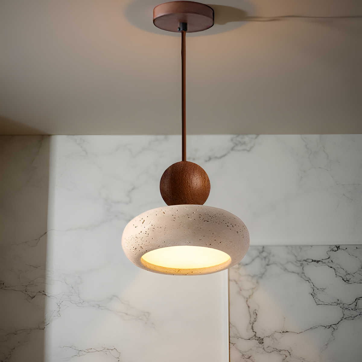 Tindara - Natural Travertine and Wood Pendant Light