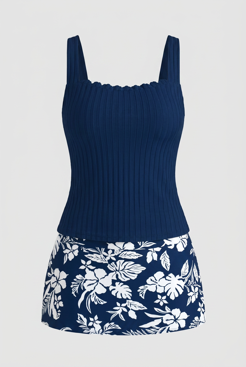 Swimwear : Navy Blue Swim Skirt Tankini Set – Classic Floral Two-Piece Bathing Suit in Navy Blue van Vandaliamo