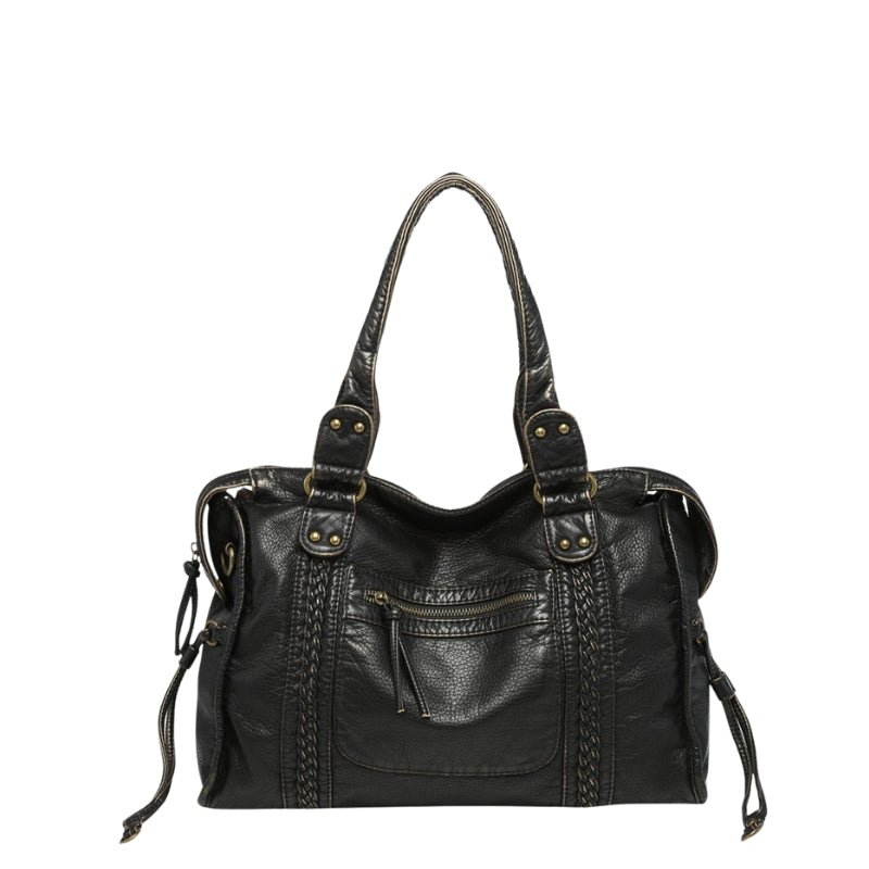 Black Shoulder Bag Women - Trendy Faux Leather Handbag with Zipper Pockets