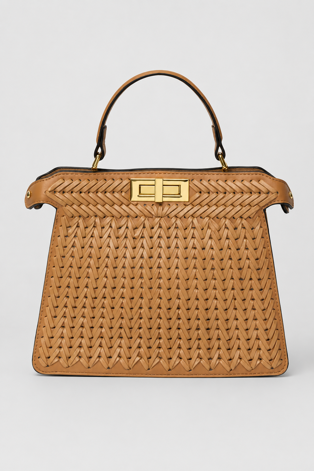 Openwork Braided Handbag – Structured Trapezoidal Silhouette with Polished Turn-Lock Clasp