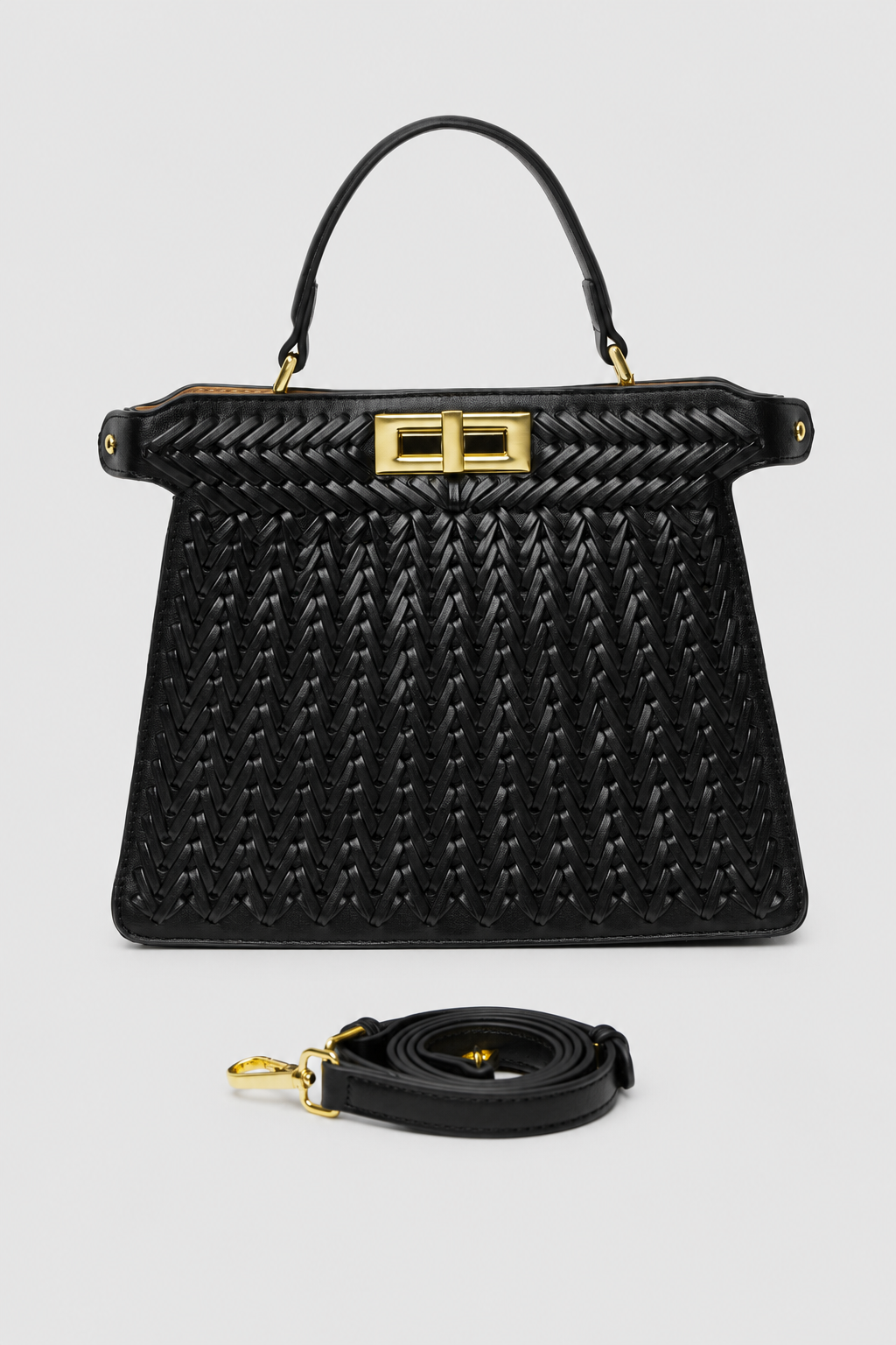 Openwork Braided Handbag – Structured Trapezoidal Silhouette with Polished Turn-Lock Clasp