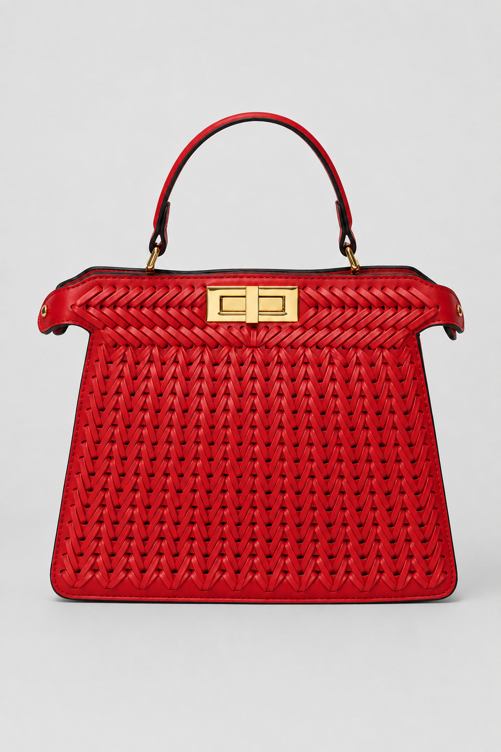 Openwork Braided Handbag – Structured Trapezoidal Silhouette with Polished Turn-Lock Clasp