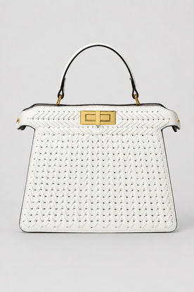 Bags : Openwork Braided Trapezoidal Handbag with Polished Turn-Lock Clasp in White van Vandaliamo