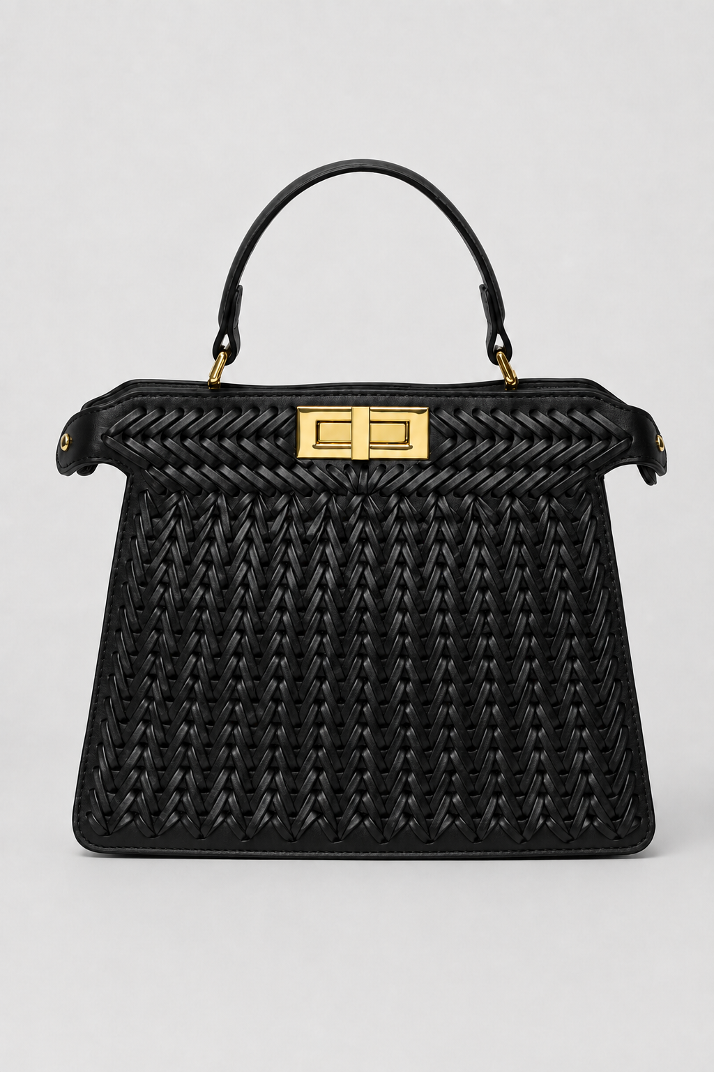 Openwork Braided Handbag – Structured Trapezoidal Silhouette with Polished Turn-Lock Clasp