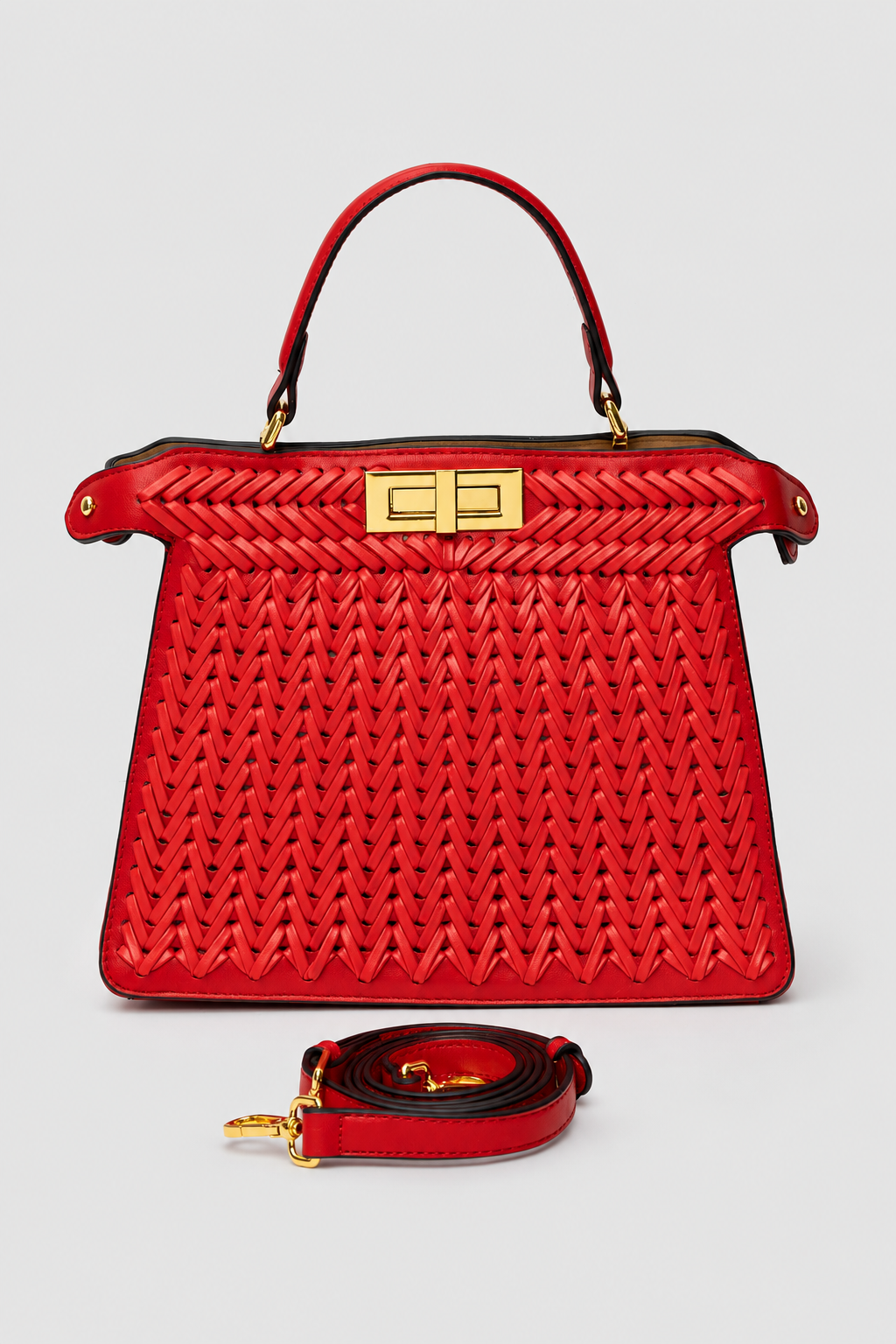 Openwork Braided Handbag – Structured Trapezoidal Silhouette with Polished Turn-Lock Clasp