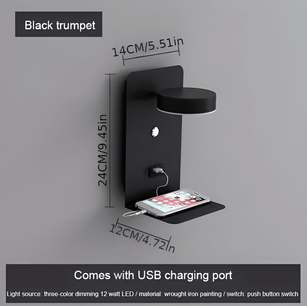 Home Decor : DualDelight LED Wall Lamp with Shelf & USB Port in Black van Vandaliamo