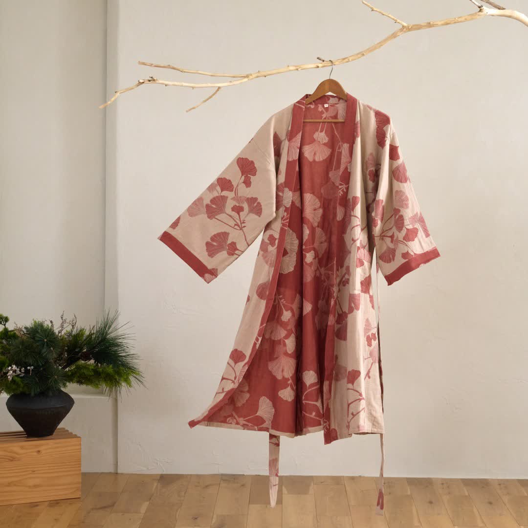 Cotton Kimono Bathrobe with Reversible Leaf Pattern