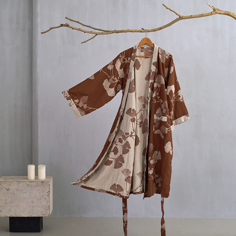 Cotton Kimono Bathrobe with Reversible Leaf Pattern