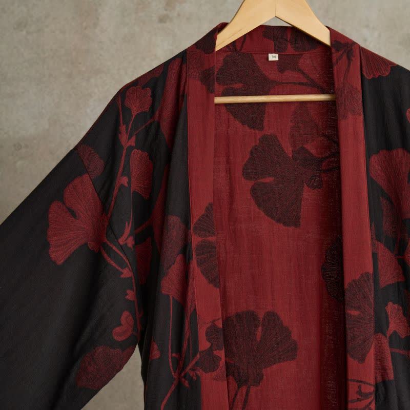 Cotton Kimono Bathrobe with Reversible Leaf Pattern
