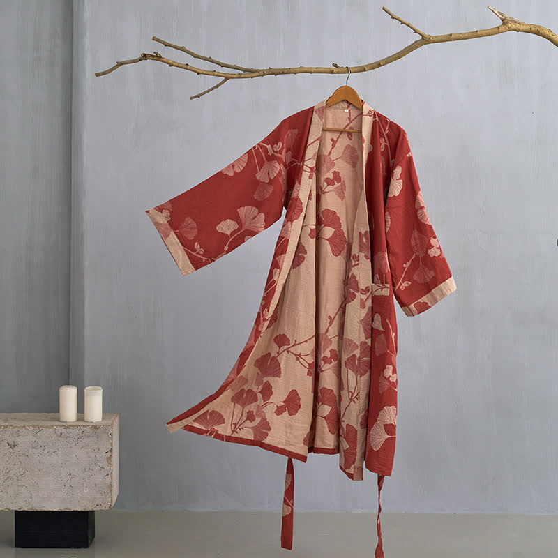 Cotton Kimono Bathrobe with Reversible Leaf Pattern
