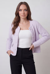 Dames paarse gebreide cardigan met lange mouwen en ronde hals