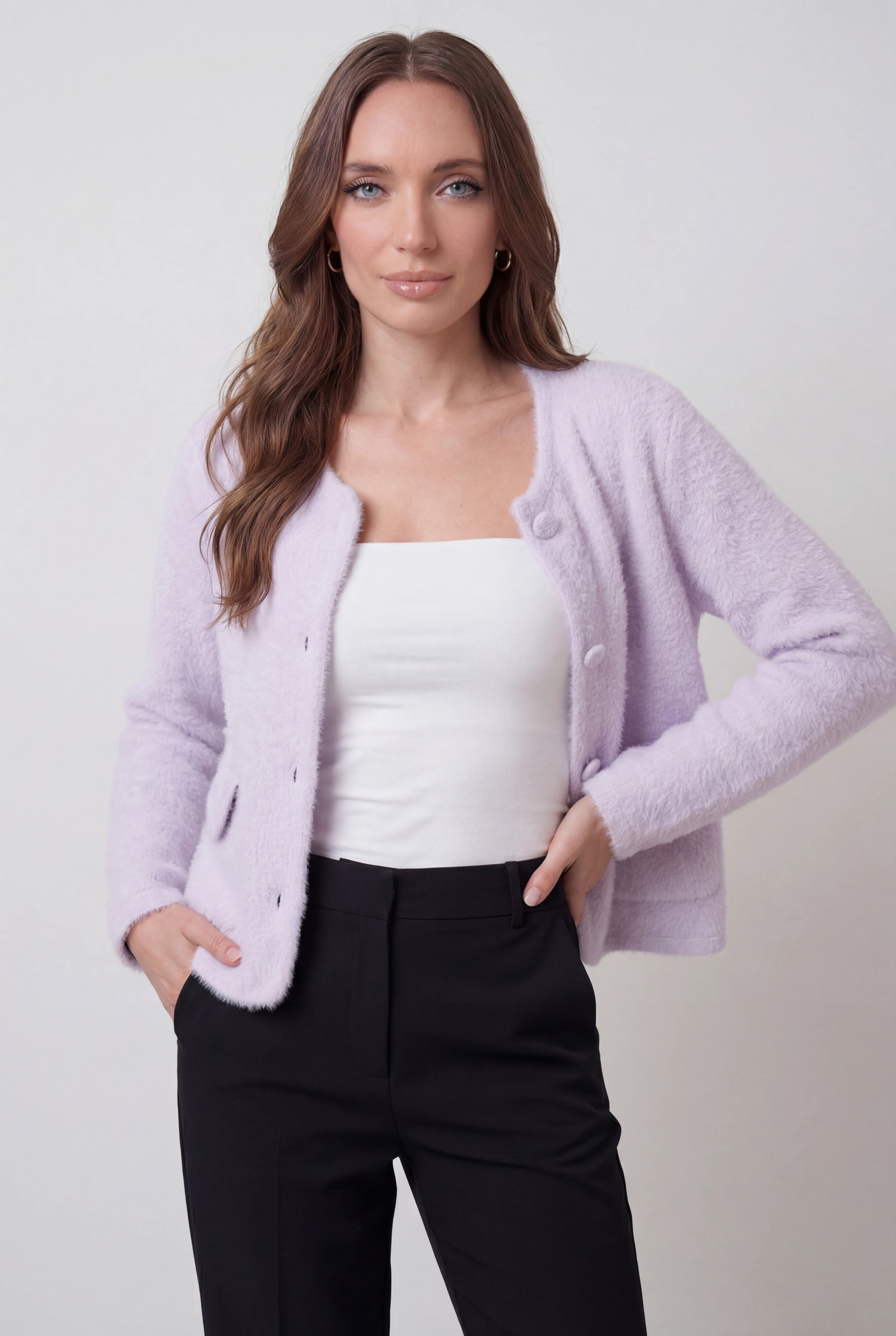 Cardigan : Women's Purple Knitted Long Sleeve Cardigan with O-Neck in van Vanda Liamo