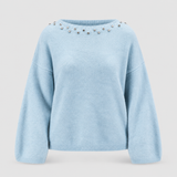 Fluffy Sweater with Rhinestone Neckline