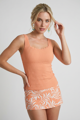 Peach Leaf Print Tankini Set – Soft Coral Swimwear with High-Waisted Skirt