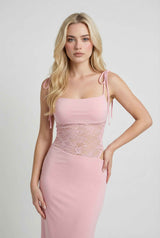 Dames roze kanten mouwloze maxi-jurk voor speciale gelegenheden