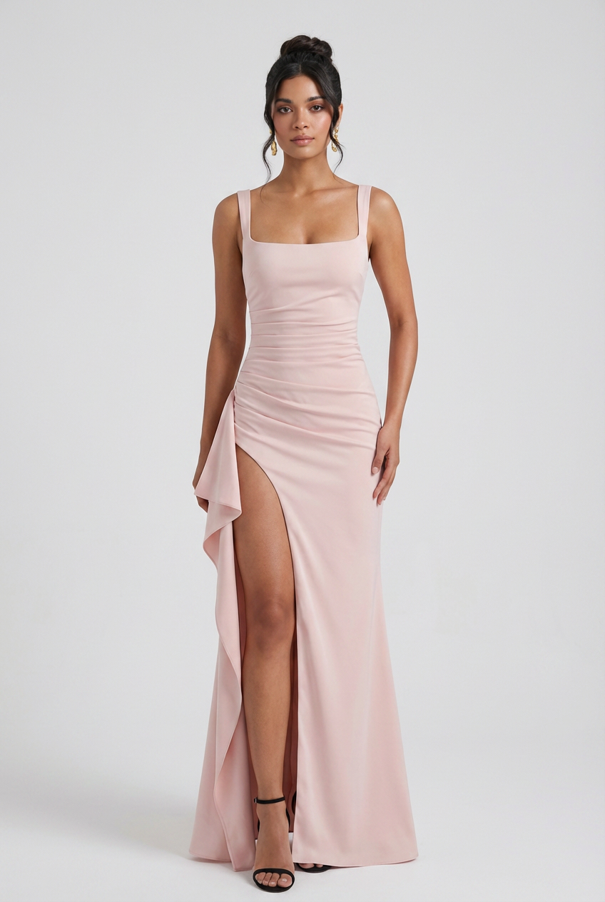 Dress : Women's Pink Ribbed Knit Square Neck Maxi Dress with Slit - Premium Quality, Fast Shipping in van Vanda Liamo
