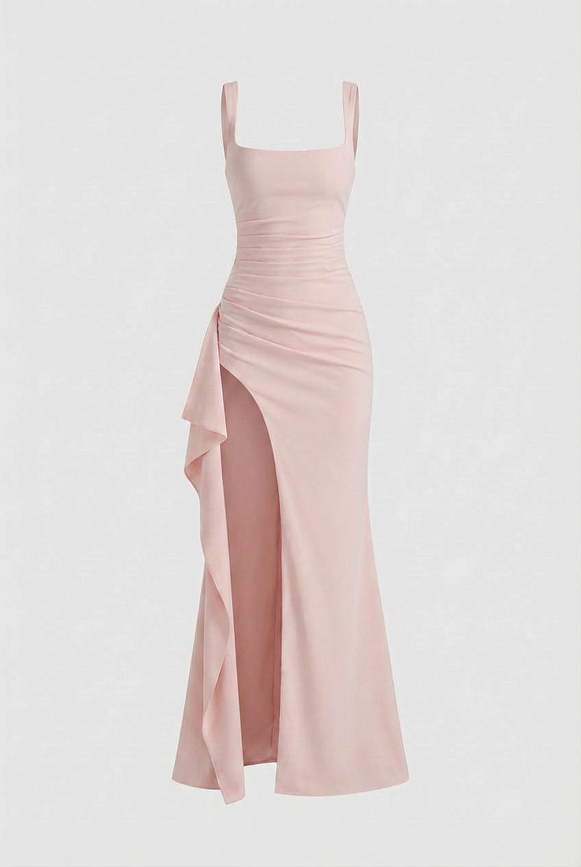 Dress : Women's Pink Ribbed Knit Square Neck Maxi Dress with Slit - Premium Quality, Fast Shipping in Soft Pink van Vanda Liamo