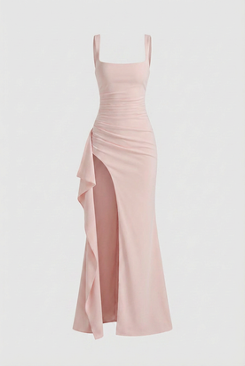 Dress : Women's Pink Ribbed Knit Square Neck Maxi Dress with Side Slit in Soft Pink van Vanda Liamo