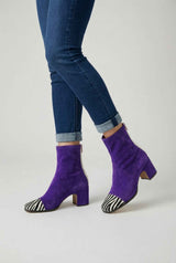 Botas retro de media caña de cuero sintético morado para mujer - tacón grueso estilo vintage