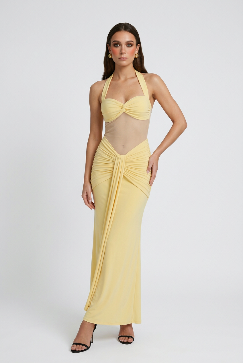 Maxi Dresses : Women's Yellow Chiffon Halter Ruched Maxi Dress - Elegant Formal Flowy Gown in van Vanda Liamo