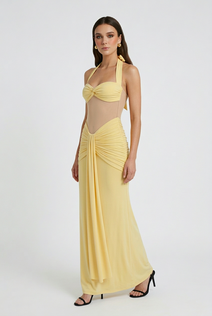 Maxi Dresses : Women's Yellow Chiffon Halter Ruched Maxi Dress - Elegant Formal Flowy Gown in van Vanda Liamo