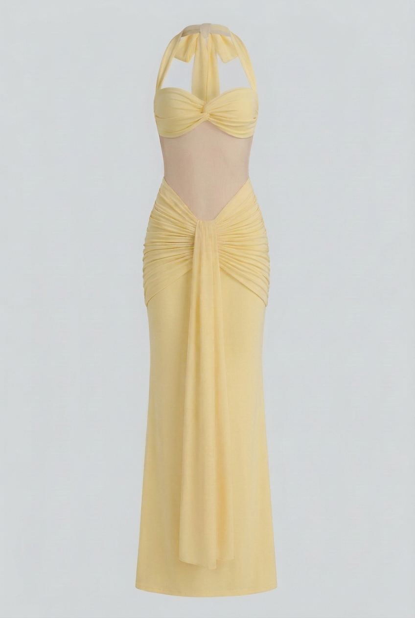 Maxi Dresses : Women's Yellow Chiffon Halter Ruched Maxi Dress - Elegant Formal Flowy Gown in Yellow van Vanda Liamo