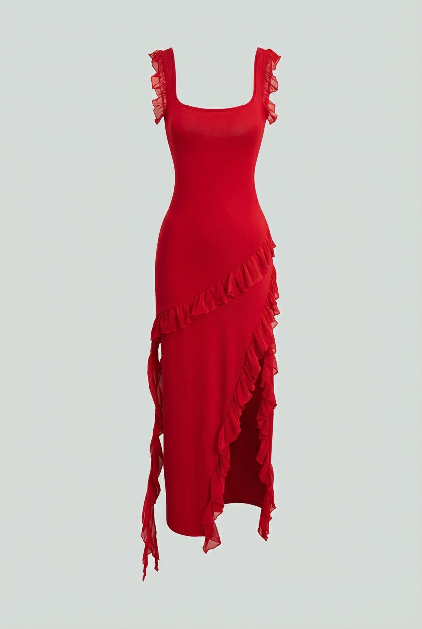 Women's Dresses : Women's Red Backless High Slit Maxi Dress - Elegant & Flowy Evening Gown in Red van Vanda Liamo