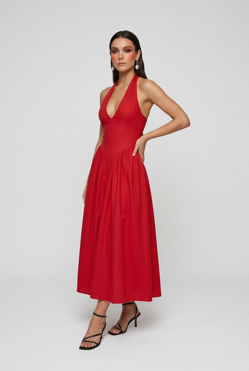 Women's Dresses : Red Elegant Midi Cocktail Dress – Figure-Hugging Dress for Nights Out in van Vanda Liamo