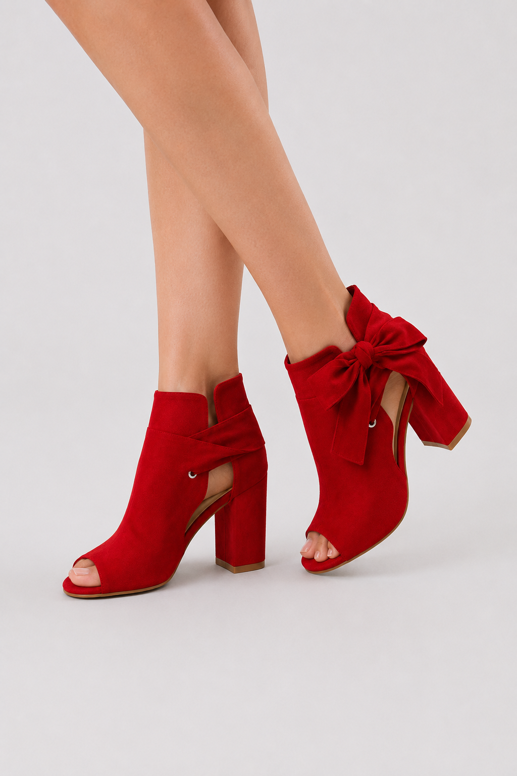 Red Peep Toe Booties – Chunky Block Heels with Side Bow