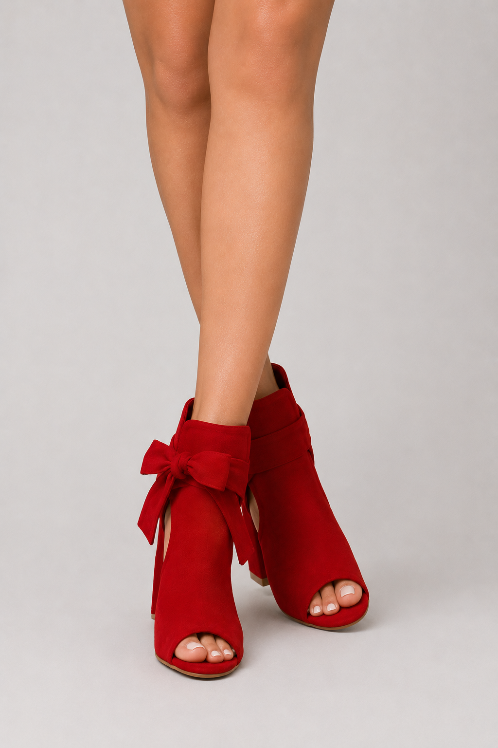 Red Peep Toe Booties – Chunky Block Heels with Side Bow