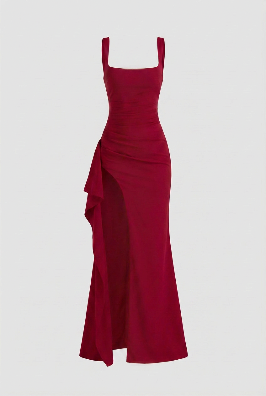 Dress : Red Square Neck Dress with Slit - Bold Snatched Fit in Red van Vanda Liamo