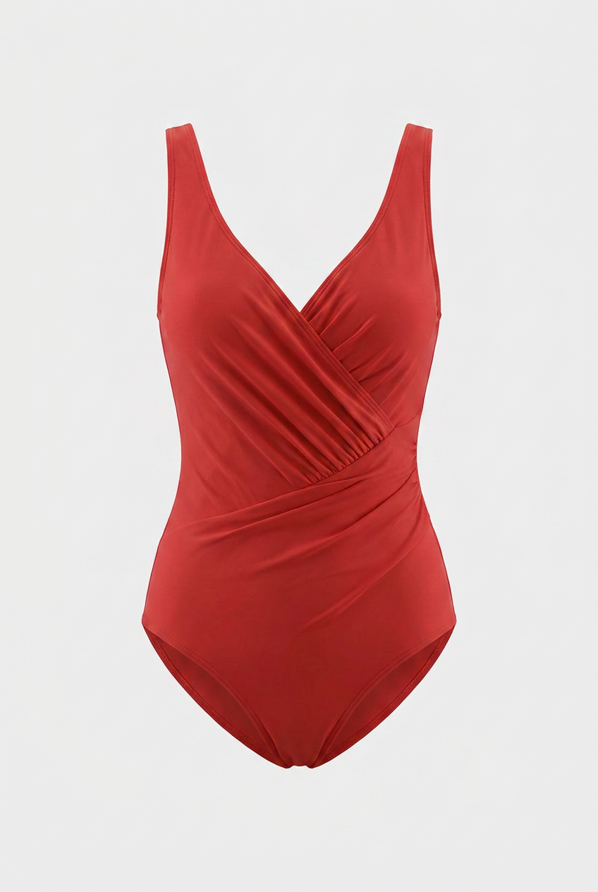 Swimwear : Red V-Neck Wrap Swimsuit - Ruched Tummy Control Monokini in Red van Vandaliamo