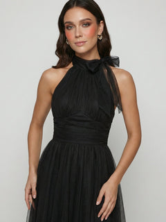 Halter Midi Dress for Women - Black Sleeveless A-Line Summer Cocktail Party Dress