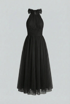 Dresses : Halter Midi Dress for Women - Black Sleeveless A-Line Summer Cocktail Party Dress in Black van Vanda Liamo