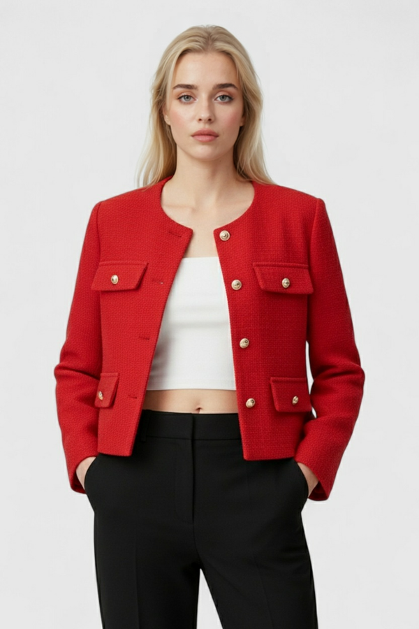 Chaqueta corta de invierno acolchada roja para mujer - Caliente y con estilo