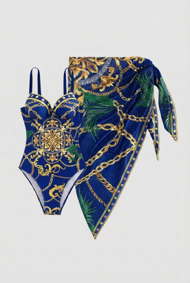 Swimwear : Royal Blue Patterned V-Neck Swimwear with Tie Skirt for Women - Premium Quality, Fast Shipping in Blue van Vandaliamo