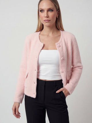Women's Pink Knitted Long Sleeve Cardigan with O-Neck